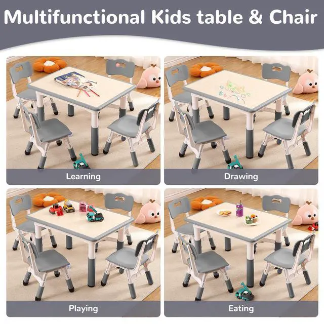 Alt view image 2 of 6 - Kids Table and 6 Chairs Set - Multifunctional Desk Set, Height Adjustable, Graffiti Desktop, Easy to Wipe, Ergonomic Design for Ages 2-10