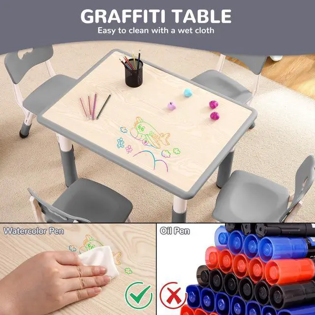 Alt view image 5 of 6 - Kids Table and 6 Chairs Set - Multifunctional Desk Set, Height Adjustable, Graffiti Desktop, Easy to Wipe, Ergonomic Design for Ages 2-10