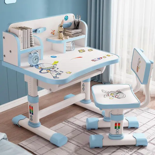Main image of Kids Functional Desk and Chair Set, Height Adjustable Children School Study Table Chair Set with Cartoon Pattern, Ergonomic Desk Chair with Large Writing Board, Bookshelf and Book Bucket Bl