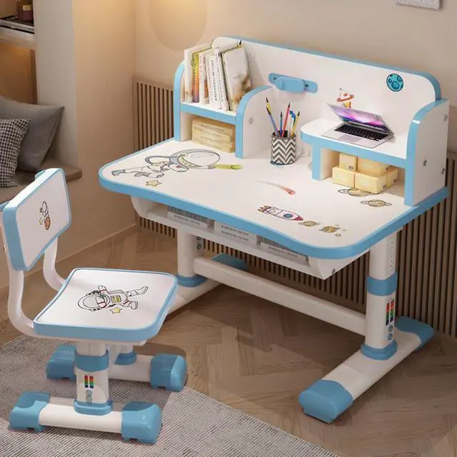 Alt view image 3 of 6 - Kids Functional Desk and Chair Set, Height Adjustable Children School Study Table Chair Set with Cartoon Pattern, Ergonomic Desk Chair with Large Writing Board, Bookshelf and Book Bucket Bl