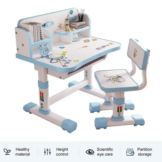 Alt view image 5 of 6 - Kids Functional Desk and Chair Set, Height Adjustable Children School Study Table Chair Set with Cartoon Pattern, Ergonomic Desk Chair with Large Writing Board, Bookshelf and Book Bucket Bl