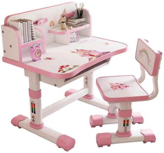 Main image of Kids Study Table and Chair Set, Adjustable Art Desk Girls Desk for Bedroom, Study Table with Large Writing Board Bookshelf and Drawer (Pink-7)