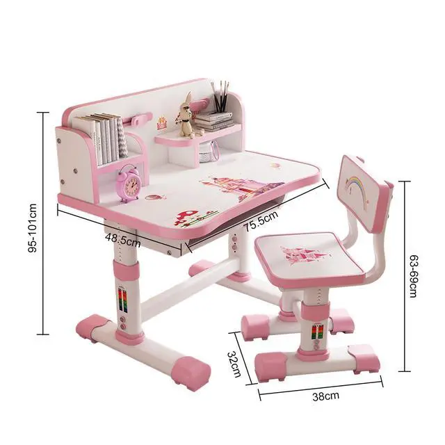 Alt view image 2 of 3 - Kids Study Table and Chair Set, Adjustable Art Desk Girls Desk for Bedroom, Study Table with Large Writing Board Bookshelf and Drawer (Pink-7)