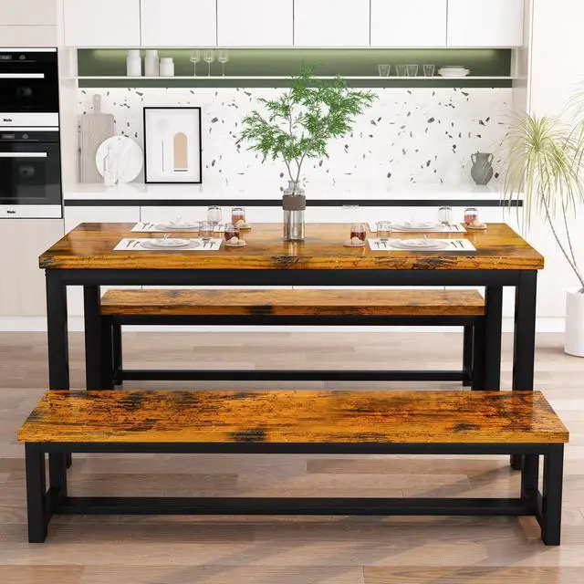 Main image of 43.3" Dining Table Set for 4, Kitchen Dining Table with 2 Benches, Dining Room Table Set with Metal Frame & Thickened Board for Kitchen, Restaurant, Rustic Brown