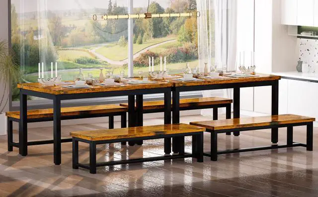 Alt view image 2 of 6 - 43.3" Dining Table Set for 4, Kitchen Dining Table with 2 Benches, Dining Room Table Set with Metal Frame & Thickened Board for Kitchen, Restaurant, Rustic Brown