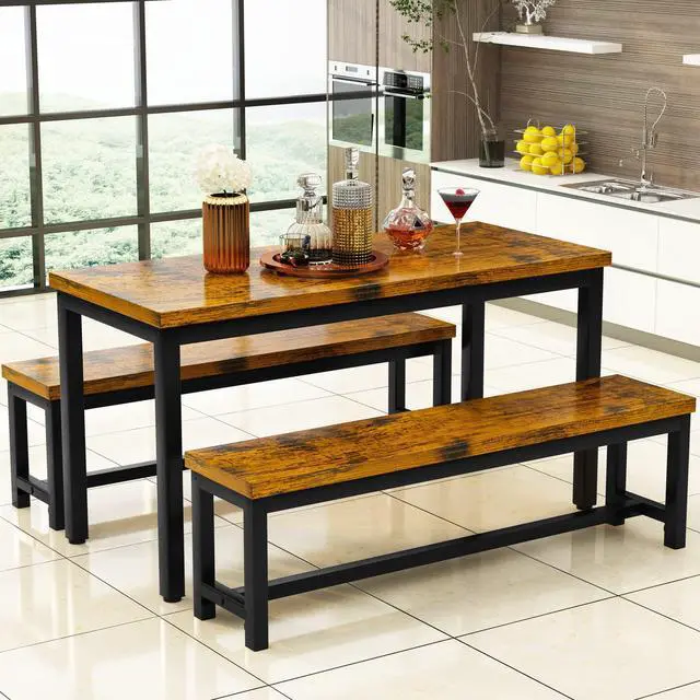 Alt view image 3 of 6 - 43.3" Dining Table Set for 4, Kitchen Dining Table with 2 Benches, Dining Room Table Set with Metal Frame & Thickened Board for Kitchen, Restaurant, Rustic Brown