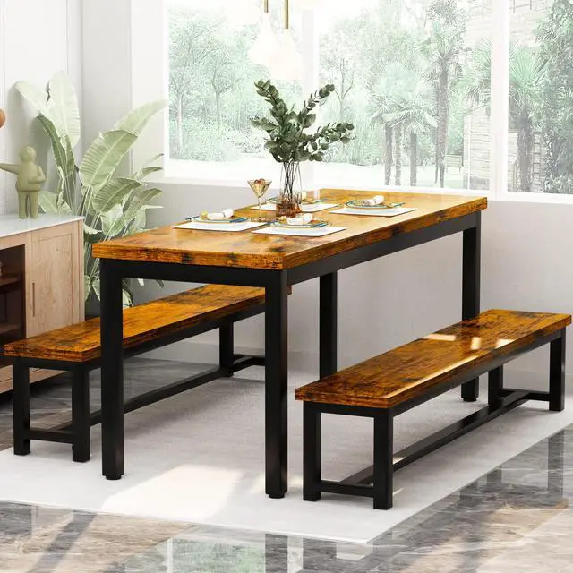 Alt view image 4 of 6 - 43.3" Dining Table Set for 4, Kitchen Dining Table with 2 Benches, Dining Room Table Set with Metal Frame & Thickened Board for Kitchen, Restaurant, Rustic Brown