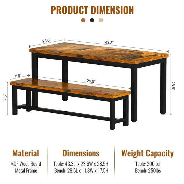 Alt view image 6 of 6 - 43.3" Dining Table Set for 4, Kitchen Dining Table with 2 Benches, Dining Room Table Set with Metal Frame & Thickened Board for Kitchen, Restaurant, Rustic Brown