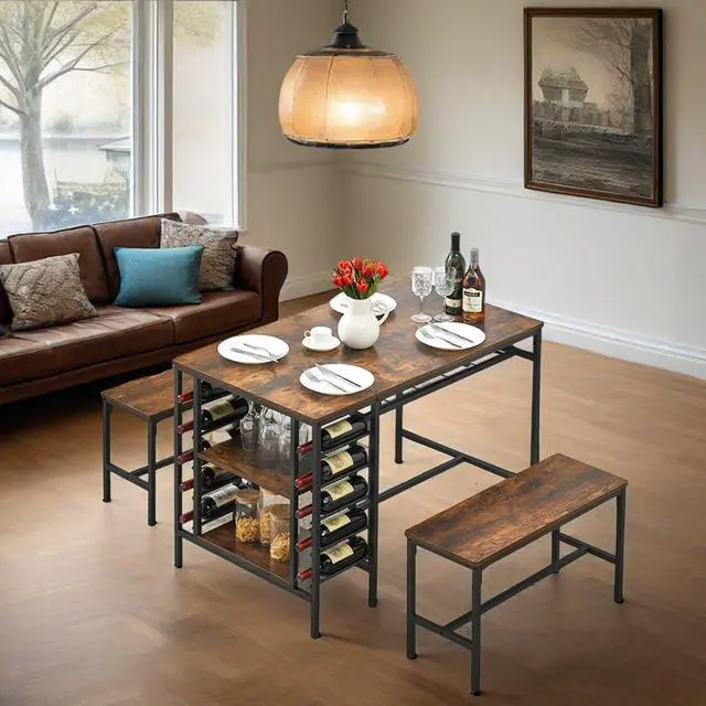 Main image of 47" Dining Table Set for 4, 3 Pieces Kitchen Table Set with 2 Benches, Wine Rack and 2-Tier Storage Shelves, Space-Saving Breakfast Table Set for Apartment, Rustic Brown