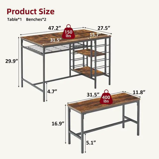 Alt view image 2 of 6 - 47" Dining Table Set for 4, 3 Pieces Kitchen Table Set with 2 Benches, Wine Rack and 2-Tier Storage Shelves, Space-Saving Breakfast Table Set for Apartment, Rustic Brown