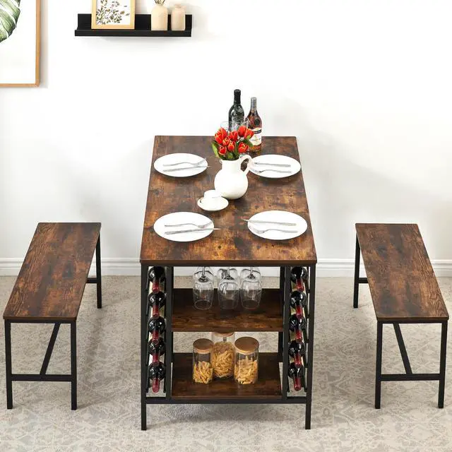 Alt view image 3 of 6 - 47" Dining Table Set for 4, 3 Pieces Kitchen Table Set with 2 Benches, Wine Rack and 2-Tier Storage Shelves, Space-Saving Breakfast Table Set for Apartment, Rustic Brown