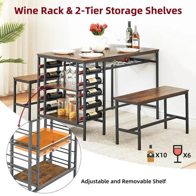 Alt view image 4 of 6 - 47" Dining Table Set for 4, 3 Pieces Kitchen Table Set with 2 Benches, Wine Rack and 2-Tier Storage Shelves, Space-Saving Breakfast Table Set for Apartment, Rustic Brown
