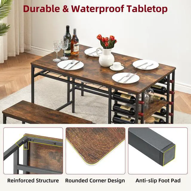 Alt view image 5 of 6 - 47" Dining Table Set for 4, 3 Pieces Kitchen Table Set with 2 Benches, Wine Rack and 2-Tier Storage Shelves, Space-Saving Breakfast Table Set for Apartment, Rustic Brown