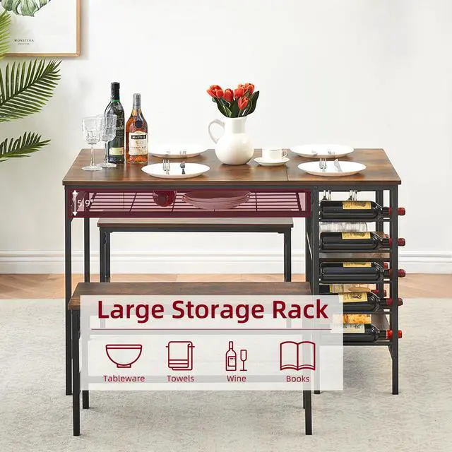 Alt view image 6 of 6 - 47" Dining Table Set for 4, 3 Pieces Kitchen Table Set with 2 Benches, Wine Rack and 2-Tier Storage Shelves, Space-Saving Breakfast Table Set for Apartment, Rustic Brown