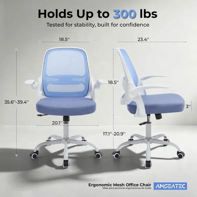 Alt view image 2 of 6 - Ergonomic Mesh Office Chair for Home Office, Flip-Up Arms, Breathable Mesh Back & Thick Seat Cushion, Swivel Rolling Computer Desk Chair BIFMA Certified, Supports 300 lbs (White Frame/Blue Seat)