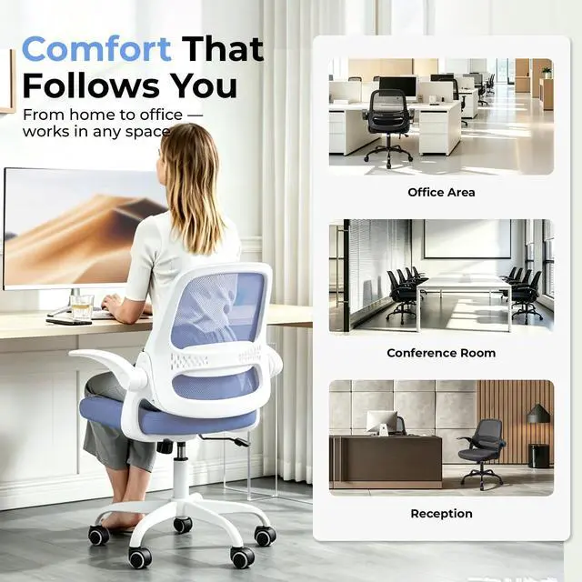 Alt view image 3 of 6 - Ergonomic Mesh Office Chair for Home Office, Flip-Up Arms, Breathable Mesh Back & Thick Seat Cushion, Swivel Rolling Computer Desk Chair BIFMA Certified, Supports 300 lbs (White Frame/Blue Seat)