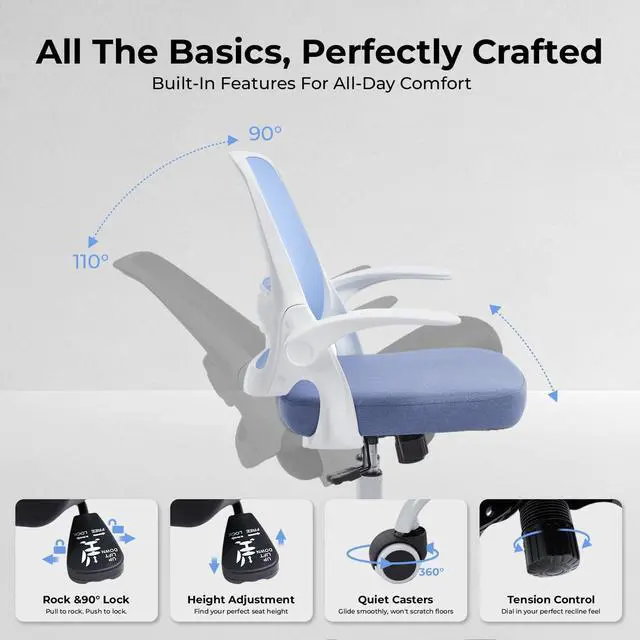 Alt view image 4 of 6 - Ergonomic Mesh Office Chair for Home Office, Flip-Up Arms, Breathable Mesh Back & Thick Seat Cushion, Swivel Rolling Computer Desk Chair BIFMA Certified, Supports 300 lbs (White Frame/Blue Seat)