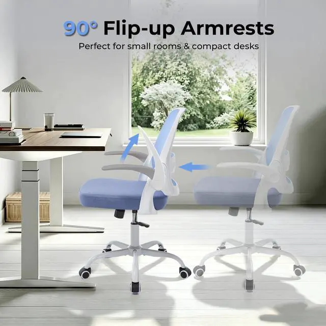 Alt view image 5 of 6 - Ergonomic Mesh Office Chair for Home Office, Flip-Up Arms, Breathable Mesh Back & Thick Seat Cushion, Swivel Rolling Computer Desk Chair BIFMA Certified, Supports 300 lbs (White Frame/Blue Seat)