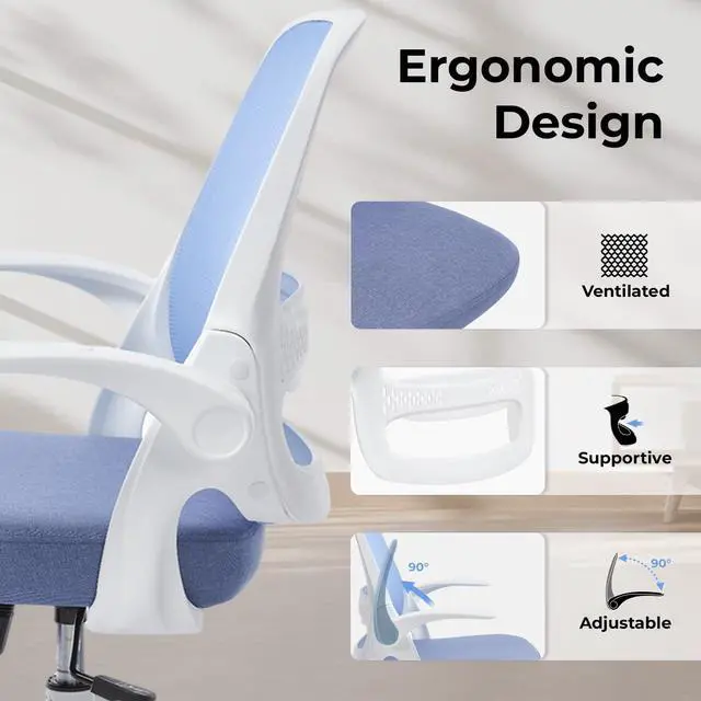 Alt view image 6 of 6 - Ergonomic Mesh Office Chair for Home Office, Flip-Up Arms, Breathable Mesh Back & Thick Seat Cushion, Swivel Rolling Computer Desk Chair BIFMA Certified, Supports 300 lbs (White Frame/Blue Seat)