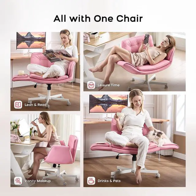 Alt view image 3 of 6 - Criss Cross Office Chair, PU Leather Vanity Chair with 5-Level Adjustable Armrests & Swivel, Ergonomic Criss Cross Chair for Home Office Bedroom Makeup(Pink)