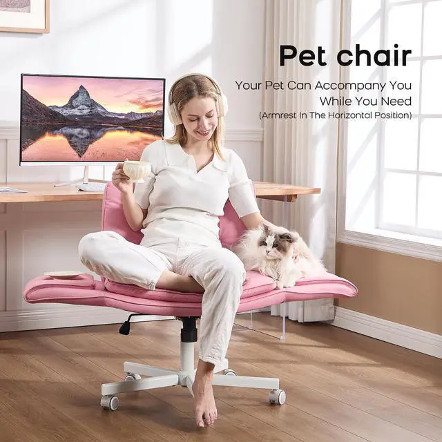 Alt view image 4 of 6 - Criss Cross Office Chair, PU Leather Vanity Chair with 5-Level Adjustable Armrests & Swivel, Ergonomic Criss Cross Chair for Home Office Bedroom Makeup(Pink)