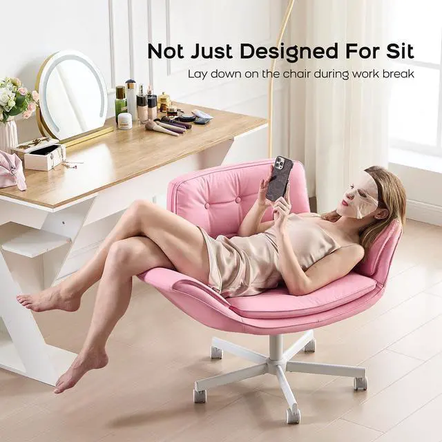 Alt view image 5 of 6 - Criss Cross Office Chair, PU Leather Vanity Chair with 5-Level Adjustable Armrests & Swivel, Ergonomic Criss Cross Chair for Home Office Bedroom Makeup(Pink)