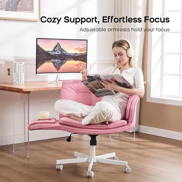 Alt view image 6 of 6 - Criss Cross Office Chair, PU Leather Vanity Chair with 5-Level Adjustable Armrests & Swivel, Ergonomic Criss Cross Chair for Home Office Bedroom Makeup(Pink)