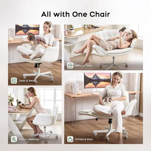 Alt view image 3 of 6 - Criss Cross Office Chair, PU Leather Vanity Chair with 5-Level Adjustable Armrests & Swivel, Ergonomic Criss Cross Chair for Home Office Bedroom Makeup(White)