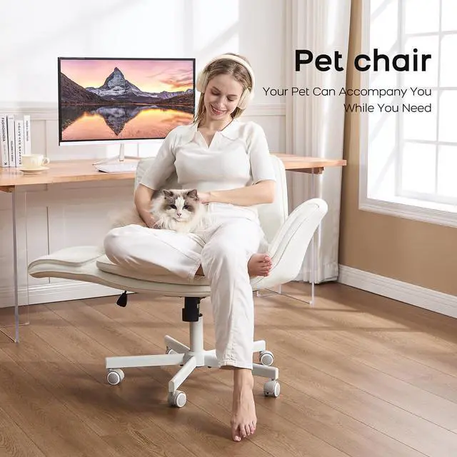 Alt view image 4 of 6 - Criss Cross Office Chair, PU Leather Vanity Chair with 5-Level Adjustable Armrests & Swivel, Ergonomic Criss Cross Chair for Home Office Bedroom Makeup(White)