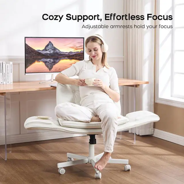 Alt view image 5 of 6 - Criss Cross Office Chair, PU Leather Vanity Chair with 5-Level Adjustable Armrests & Swivel, Ergonomic Criss Cross Chair for Home Office Bedroom Makeup(White)