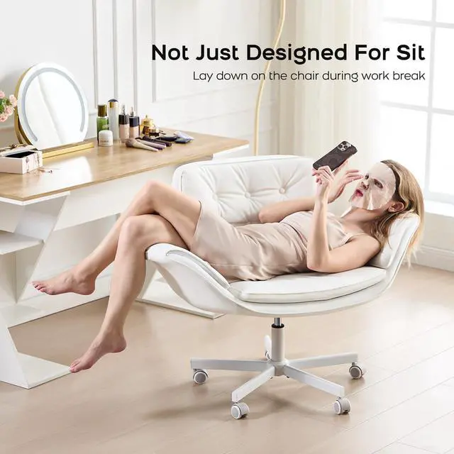 Alt view image 6 of 6 - Criss Cross Office Chair, PU Leather Vanity Chair with 5-Level Adjustable Armrests & Swivel, Ergonomic Criss Cross Chair for Home Office Bedroom Makeup(White)