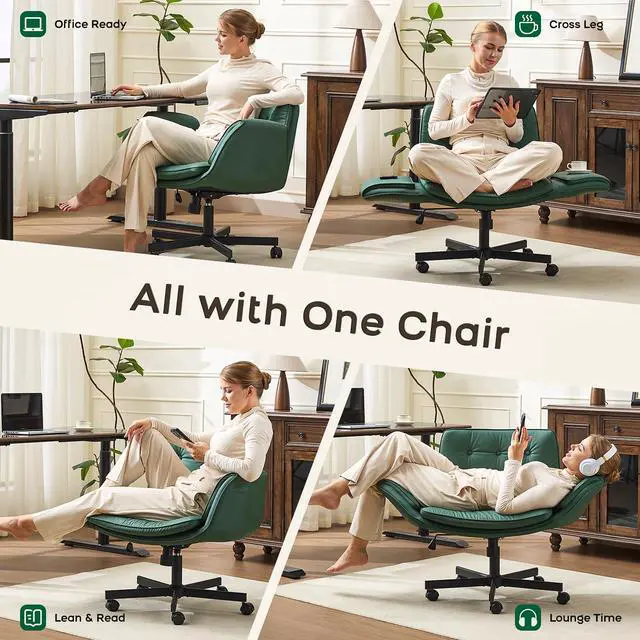 Alt view image 3 of 6 - Criss Cross Office Chair, PU Leather Vanity Chair with 5-Level Adjustable Armrests & Swivel, Ergonomic Criss Cross Chair for Home Office Bedroom Makeup(Green)