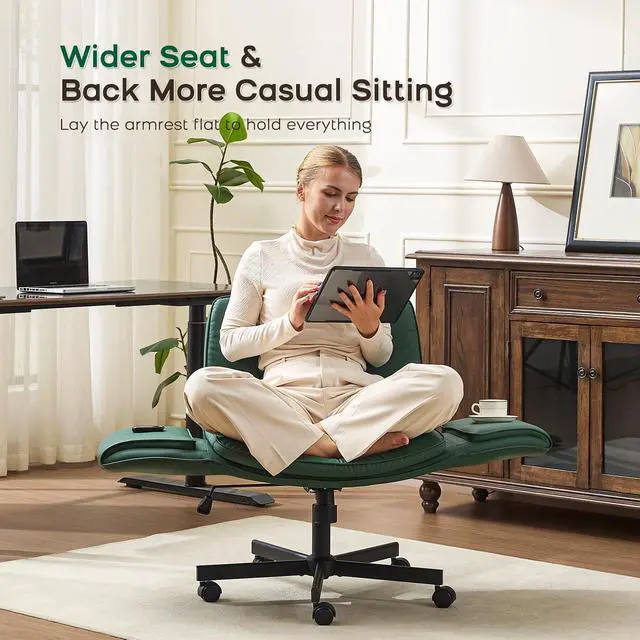 Alt view image 4 of 6 - Criss Cross Office Chair, PU Leather Vanity Chair with 5-Level Adjustable Armrests & Swivel, Ergonomic Criss Cross Chair for Home Office Bedroom Makeup(Green)