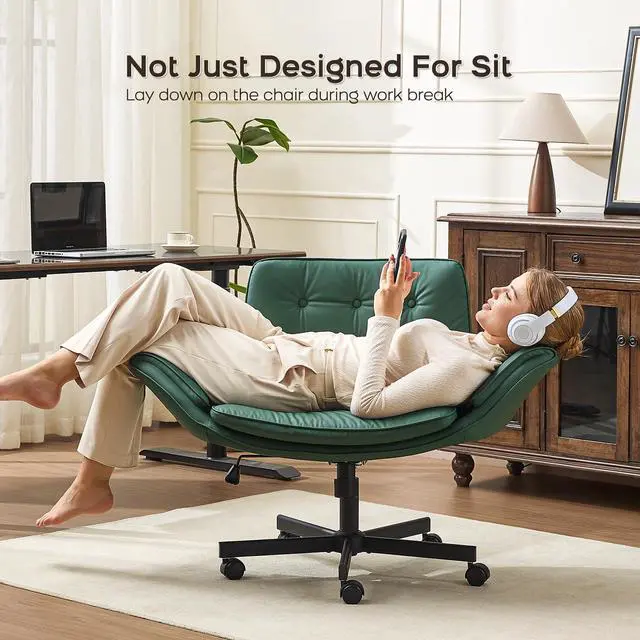 Alt view image 5 of 6 - Criss Cross Office Chair, PU Leather Vanity Chair with 5-Level Adjustable Armrests & Swivel, Ergonomic Criss Cross Chair for Home Office Bedroom Makeup(Green)