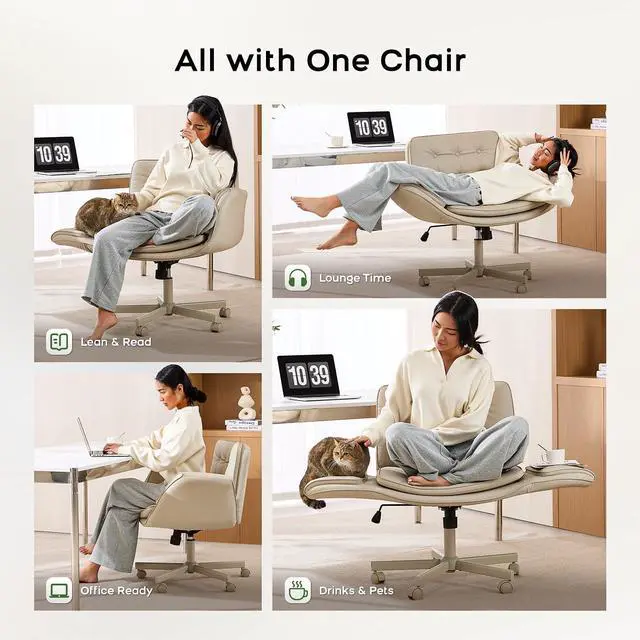 Alt view image 3 of 6 - Criss Cross Office Chair, PU Leather Vanity Chair with 5-Level Adjustable Armrests & Swivel, Ergonomic Criss Cross Chair for Home Office Bedroom Makeup(Cream)