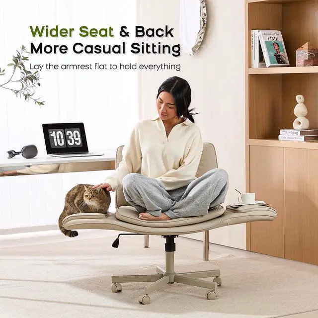 Alt view image 5 of 6 - Criss Cross Office Chair, PU Leather Vanity Chair with 5-Level Adjustable Armrests & Swivel, Ergonomic Criss Cross Chair for Home Office Bedroom Makeup(Cream)