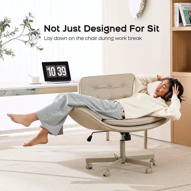 Alt view image 6 of 6 - Criss Cross Office Chair, PU Leather Vanity Chair with 5-Level Adjustable Armrests & Swivel, Ergonomic Criss Cross Chair for Home Office Bedroom Makeup(Cream)