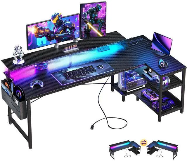 Main image of 66 Inch Gaming Desk with USB Charging Ports and LED Lights, Reversible L Shaped Computer Desk with Storage Shelves & Monitor Stand, Corner Gamer Desk Table with Power Outlets, Carbon Fiber Black
