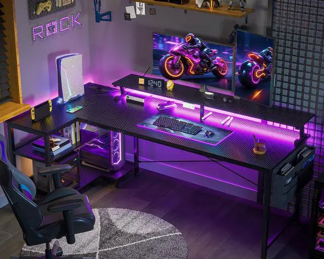 Alt view image 2 of 6 - 66 Inch Gaming Desk with USB Charging Ports and LED Lights, Reversible L Shaped Computer Desk with Storage Shelves & Monitor Stand, Corner Gamer Desk Table with Power Outlets, Carbon Fiber Black