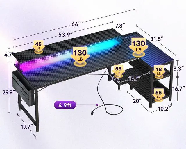 Alt view image 3 of 6 - 66 Inch Gaming Desk with USB Charging Ports and LED Lights, Reversible L Shaped Computer Desk with Storage Shelves & Monitor Stand, Corner Gamer Desk Table with Power Outlets, Carbon Fiber Black