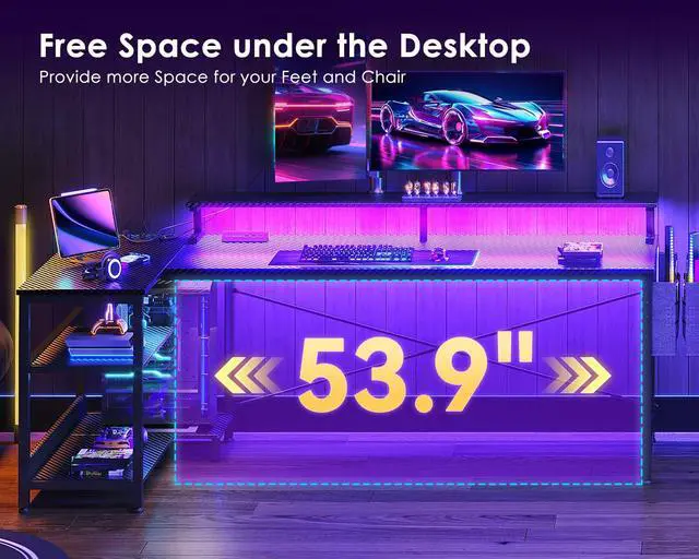 Alt view image 4 of 6 - 66 Inch Gaming Desk with USB Charging Ports and LED Lights, Reversible L Shaped Computer Desk with Storage Shelves & Monitor Stand, Corner Gamer Desk Table with Power Outlets, Carbon Fiber Black