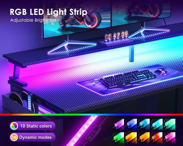 Alt view image 5 of 6 - 66 Inch Gaming Desk with USB Charging Ports and LED Lights, Reversible L Shaped Computer Desk with Storage Shelves & Monitor Stand, Corner Gamer Desk Table with Power Outlets, Carbon Fiber Black