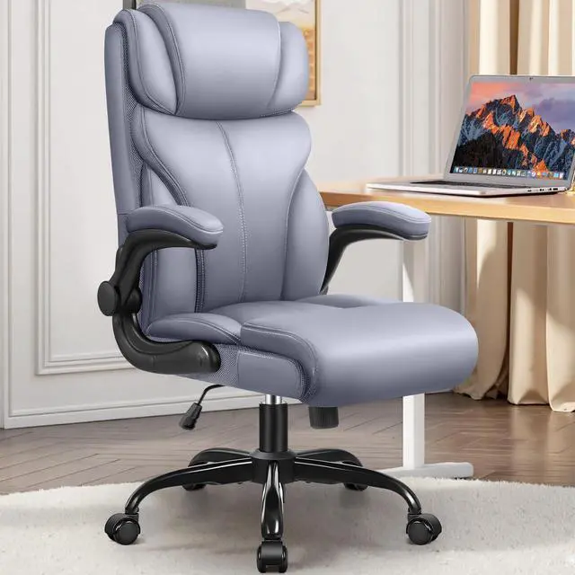 Main image of Office Chair, Ergonomic Big and Tall Computer Desk Chairs, Executive Breathable Leather Chair with Adjustable Flip-up Armrests, Lumbar Support Swivel PC Chair with Rocking Function,Matte Gray