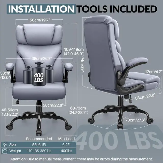 Alt view image 2 of 6 - Office Chair, Ergonomic Big and Tall Computer Desk Chairs, Executive Breathable Leather Chair with Adjustable Flip-up Armrests, Lumbar Support Swivel PC Chair with Rocking Function,Matte Gray