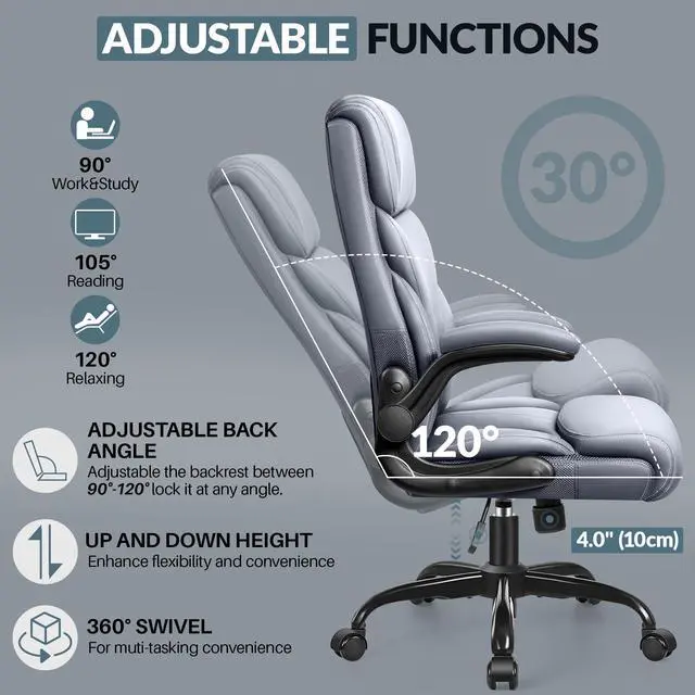 Alt view image 5 of 6 - Office Chair, Ergonomic Big and Tall Computer Desk Chairs, Executive Breathable Leather Chair with Adjustable Flip-up Armrests, Lumbar Support Swivel PC Chair with Rocking Function,Matte Gray