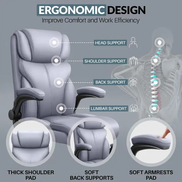 Alt view image 6 of 6 - Office Chair, Ergonomic Big and Tall Computer Desk Chairs, Executive Breathable Leather Chair with Adjustable Flip-up Armrests, Lumbar Support Swivel PC Chair with Rocking Function,Matte Gray