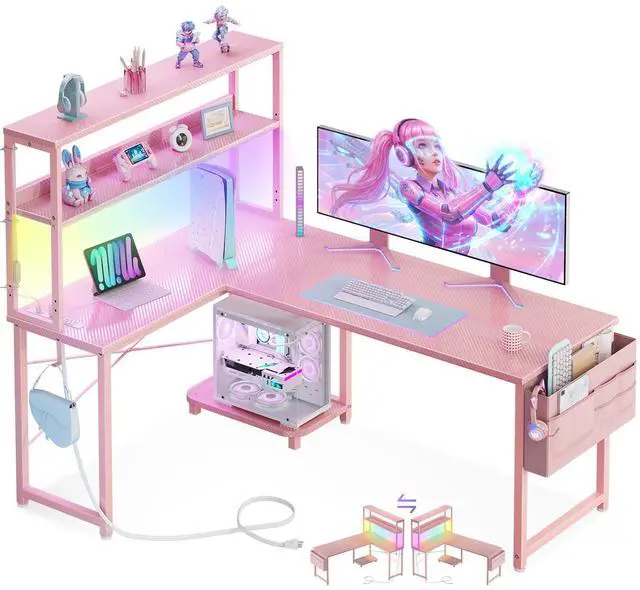 Main image of 53 Inch L Shaped Desk with LED Lighting, Reversible Gaming Desk with Power Outlets, Cornor Computer Table with Storage Shelves & Bag & Iron Hook, Home Office Table for Writing, Study, Pink