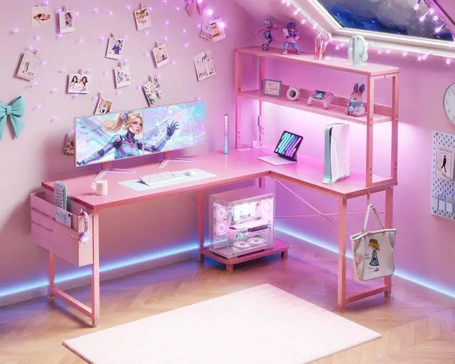 Alt view image 2 of 6 - 53 Inch L Shaped Desk with LED Lighting, Reversible Gaming Desk with Power Outlets, Cornor Computer Table with Storage Shelves & Bag & Iron Hook, Home Office Table for Writing, Study, Pink