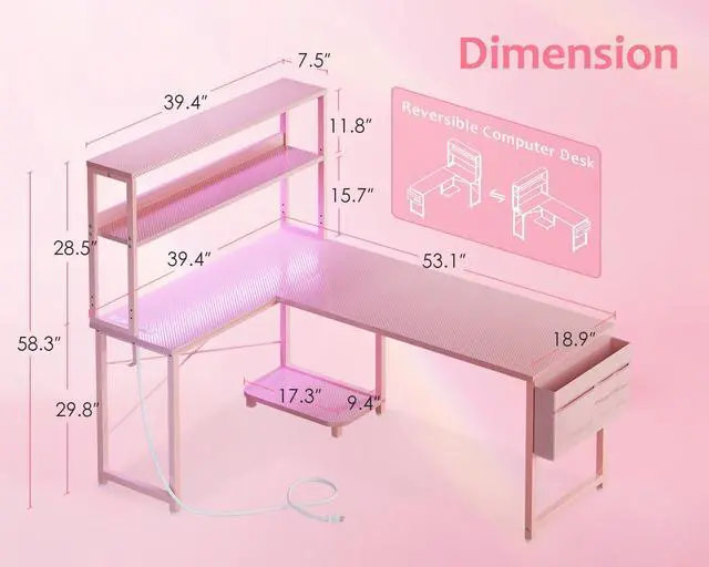 Alt view image 3 of 6 - 53 Inch L Shaped Desk with LED Lighting, Reversible Gaming Desk with Power Outlets, Cornor Computer Table with Storage Shelves & Bag & Iron Hook, Home Office Table for Writing, Study, Pink