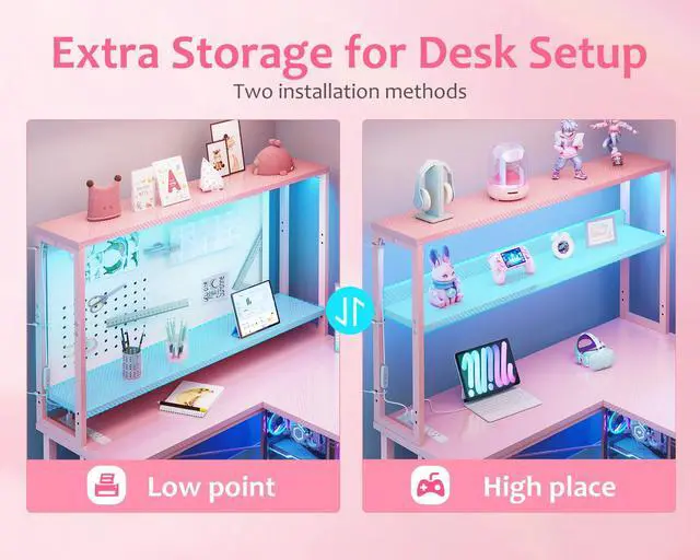 Alt view image 4 of 6 - 53 Inch L Shaped Desk with LED Lighting, Reversible Gaming Desk with Power Outlets, Cornor Computer Table with Storage Shelves & Bag & Iron Hook, Home Office Table for Writing, Study, Pink